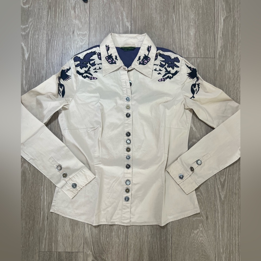 Women's OILILY Cotton Button Down Blouse Shirt. Sz 42, US M/L Embroidered